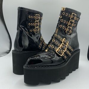 Jeffrey Campbell Gristle Patent Leather Buckle & Grommet Combat Boot Size 6.5